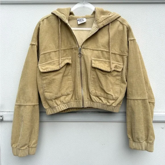 Urban Outfitters BDG Corduroy Jacket Pockets Hoodie Cropped Oversized Tan Sz XS - Picture 7 of 10